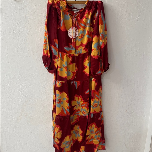 Umgee Floral Red Midi 1/2 Sleeve Tie Chest Dress Small NWT - Picture 3 of 4